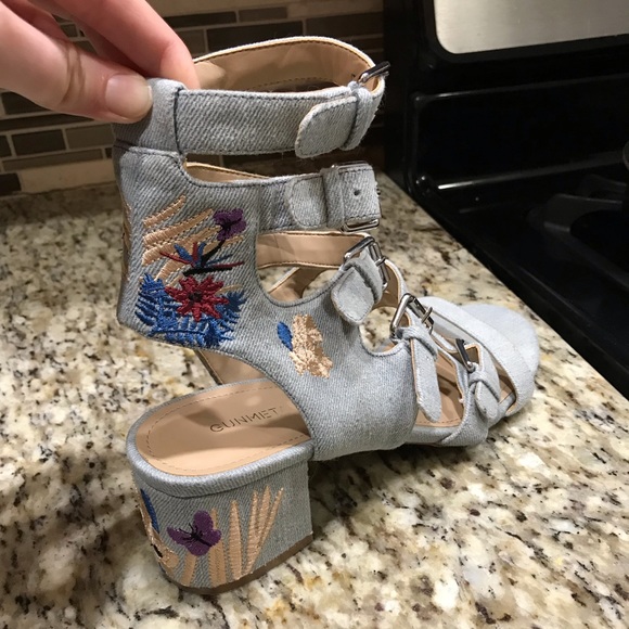 Gunmetal Embroidered Block Heeled Sandals - Picture 2 of 4